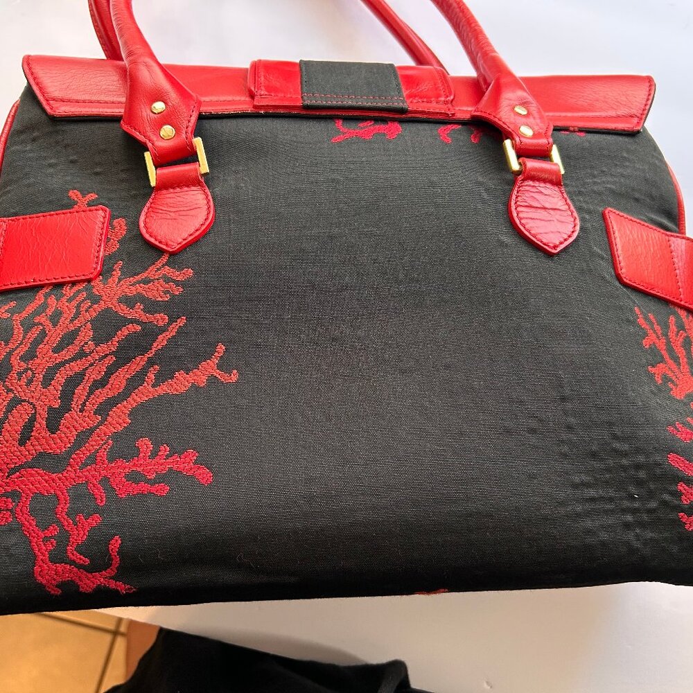 Le Duchesse Made-in-Italy Red Leather & Black Jacquard Tapestry Satchel. - Picture 7 of 15